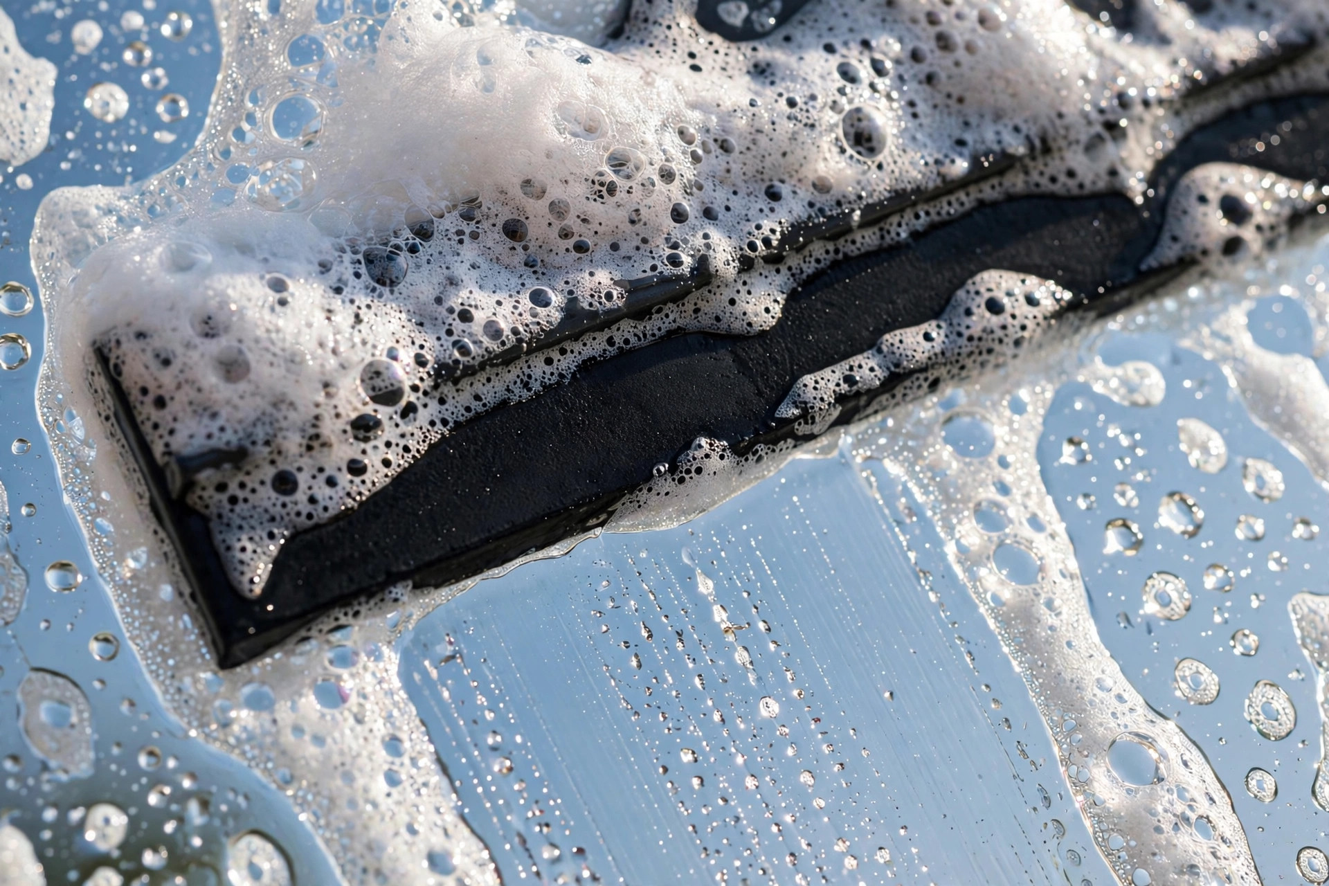 Squeegee gliding down a soapy window leaving a crystal-clear streak