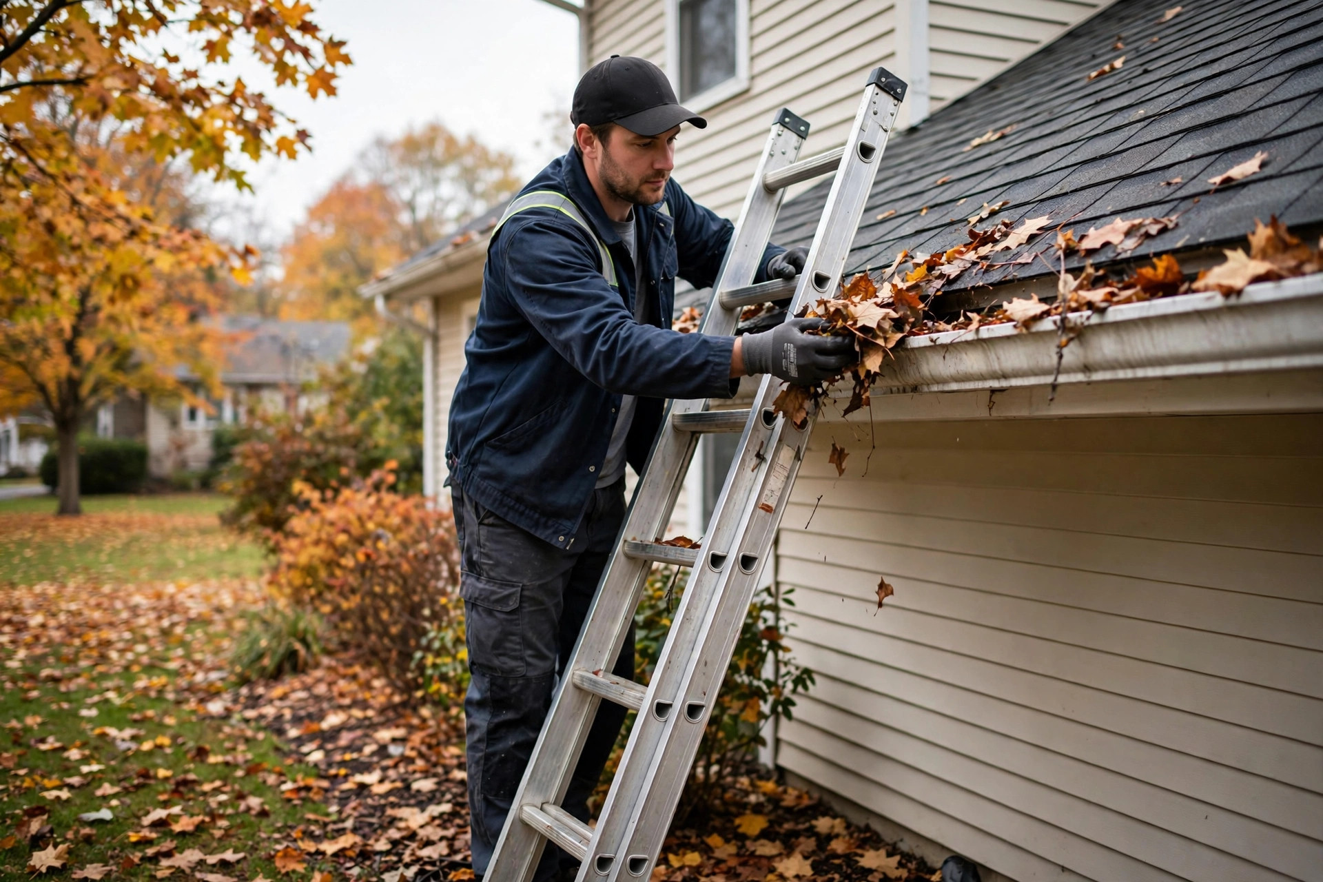 Pane and Simple clearing leaves from a home's gutters